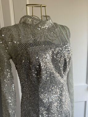 Silver Sequin Mesh Long Sleeve Dress